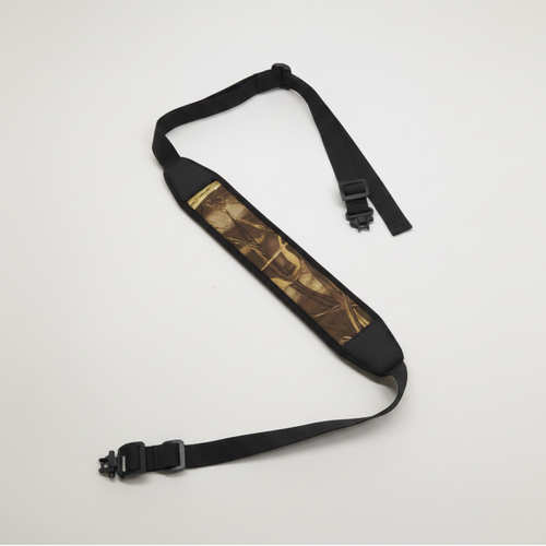 JD Outdoor black and camo padded rifle sling on white background